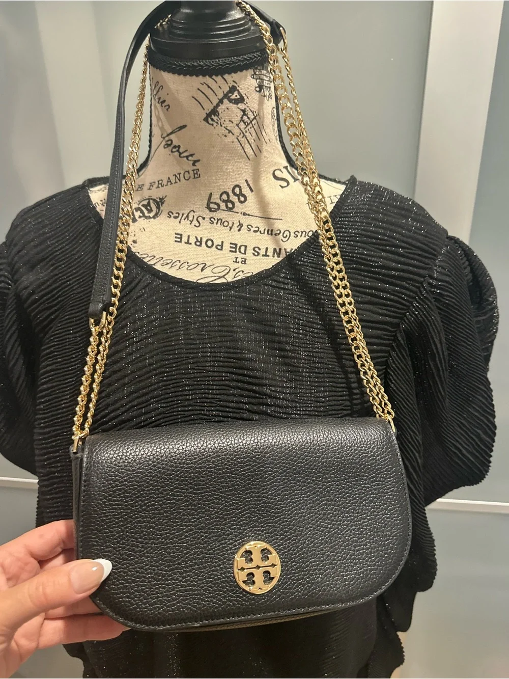 Tory Burch Black Pebbled Leather Crossbody with Gold Chain